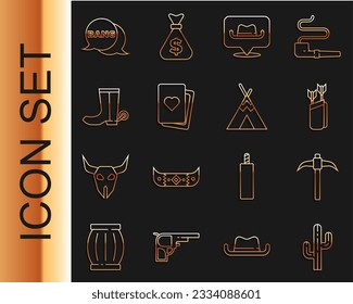 Set line Cactus, Pickaxe, Quiver with arrows, Location cowboy, Deck of playing cards, Cowboy boot, Bang boom, gun Comic and Indian teepee or wigwam icon. Vector