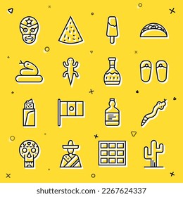 Set line Cactus, Snake, Flip flops, Popsicle ice cream, Lizard, Mexican wrestler and Tequila bottle icon. Vector