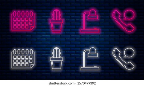 Set line Cactus and succulent in pot, Table lamp, Calendar and Telephone handset and speech bubble chat. Glowing neon icon on brick wall. Vector
