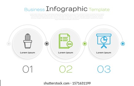 Set line Cactus and succulent in pot, Document with minus and Presentation financial board with graph, schedule, chart, diagram, infographic, pie graph. Business infographic template. Vector