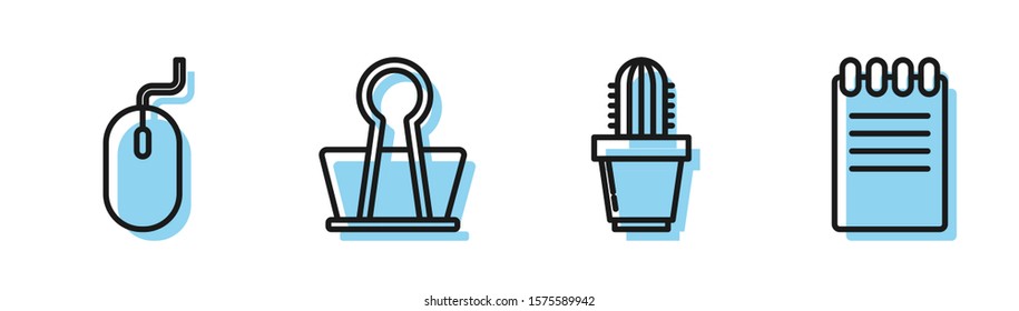 Set line Cactus and succulent in pot, Computer mouse, Binder clip and Notebook icon. Vector
