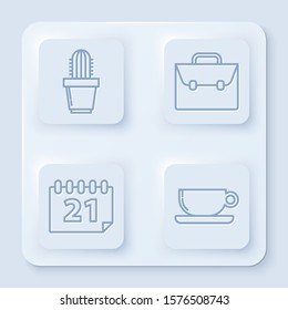 Set line Cactus and succulent in pot, Briefcase, Calendar and Coffee cup flat. White square button. Vector