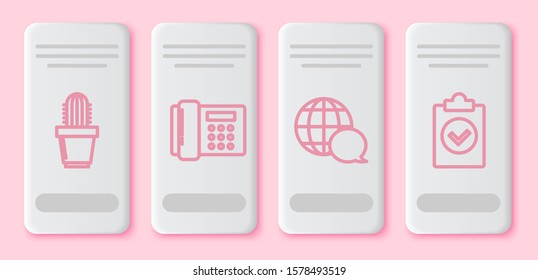 Set line Cactus and succulent in pot, Telephone, World map made from speech bubble and Completed task. White rectangle button. Vector