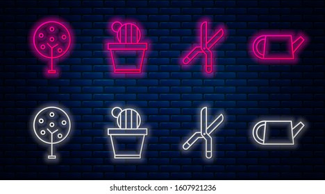 Set line Cactus and succulent in pot, Gardening handmade scissors, Tree and Watering can. Glowing neon icon on brick wall. Vector