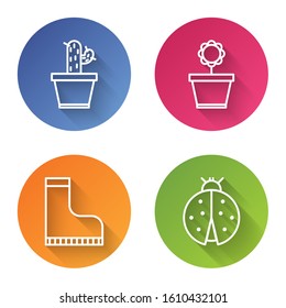 Set line Cactus and succulent in pot, Flower in pot, Waterproof rubber boot and Ladybug. Color circle button. Vector