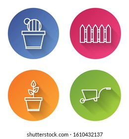 Set line Cactus and succulent in pot, Garden fence wooden, Plant in pot and Wheelbarrow. Color circle button. Vector