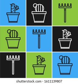 Set line Cactus and succulent in pot, Garden rake and Cactus and succulent in pot icon. Vector