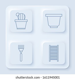 Set line Cactus and succulent in pot, Flower pot, Garden rake and Wooden staircase. White square button. Vector