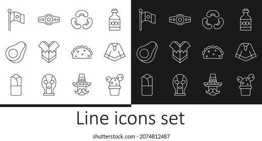 Set line Cactus or succulent in pot, Poncho, Beans, Avocado fruit, Mexico flag, Taco with tortilla and Wrestling championship belt icon. Vector