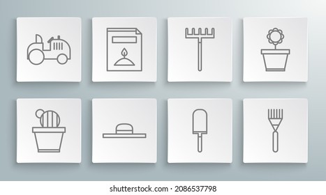 Set line Cactus and succulent in pot, A pack full of seeds of specific plant, Worker hat, Garden trowel spade shovel, rake, Flower and Tractor icon. Vector