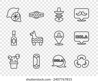 Set line Cactus or succulent in pot, Beans, Mexican man sombrero, Burrito, Lime, Pinata, Hola and  icon. Vector