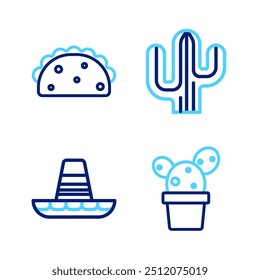 Definir linha Cactus ou suculento em pote, sombrero mexicano, e Taco com ícone tortilla. Vetor