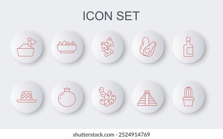 Set line Cactus or succulent in pot, Mexican sombrero, Nachos, Chichen Itza Mayan, bowl, Tomato and  icon. Vector