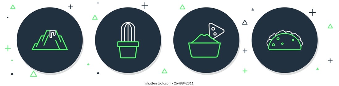 Set line Cactus or succulent in pot, Nachos bowl, Volcano eruption with lava and Taco tortilla icon. Vector