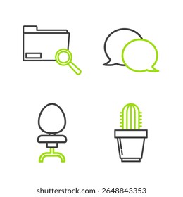 Set line Cactus and succulent in pot, Office chair, Speech bubble chat and Search concept with folder icon. Vector