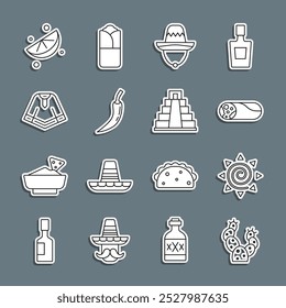 Cactus, Sun, Burrito, sombrero mexicano, vaina de chile picante, Poncho, lima en rodajas y Chichén Itzá en icono maya. Vector