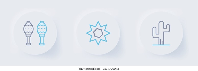 Set line Cactus, Sun and Maracas icon. Vector