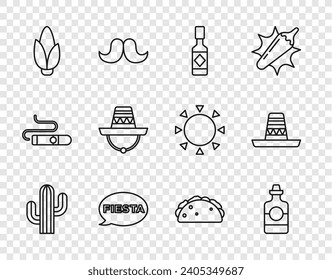 Set line Cactus, Tequila bottle, Tabasco sauce, Fiesta, Corn, Mexican sombrero, Taco with tortilla and  icon. Vector