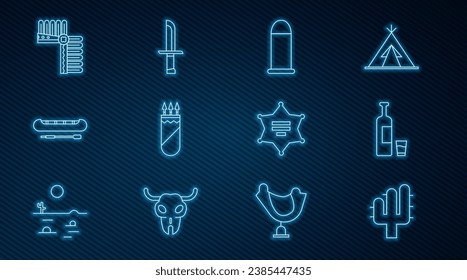 Set line Cactus, Whiskey bottle and glass, Bullet, Quiver with arrows, Kayak or canoe paddle, Indian headdress feathers, Hexagram sheriff and Military knife icon. Vector
