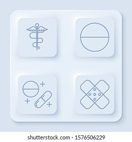 Set line Caduceus snake medical symbol, Medicine pill or tablet, Medicine pill or tablet and Crossed bandage plaster. White square button. Vector