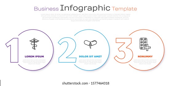 Set line Caduceus snake medical symbol, Medicine pill or tablet and Pills in blister pack. Business infographic template. Vector