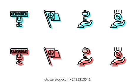 Set line Caduceus snake medical, Censored stamp, Peace and Coins on hand - minimal wage icon. Vector