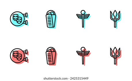 Set line Caduceus serpiente médica, máscaras de comedia y tragedia, Gyros Pita griego y Neptuno Tridente icono. Vector