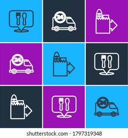 Set line Cafe and restaurant location, Online ordering delivery and Fast by car icon. Vector