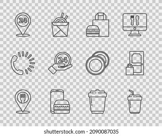 Set line Cafe and restaurant location, Coffee cup to go, Online ordering burger delivery, Round the clock, Clock 24 hours,  and  icon. Vector