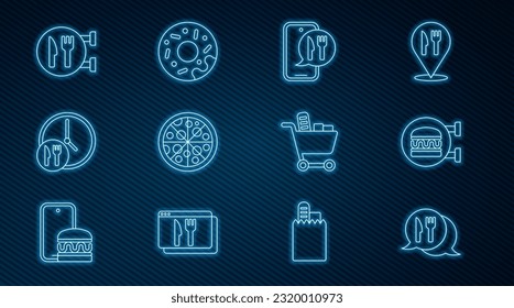 Das Café und die Gaststättenlage, Online-Bestellung der Hamburger-Lieferung, Pizza, rund um die Uhr, Warenkorb-Essen und Donut-Ikone. Vektorgrafik