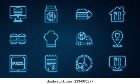 Set line Cafe and restaurant location, Alcohol or beer bar, Online ordering burger delivery, Chef hat, Coffee cup to go, Fast by car and  icon. Vector