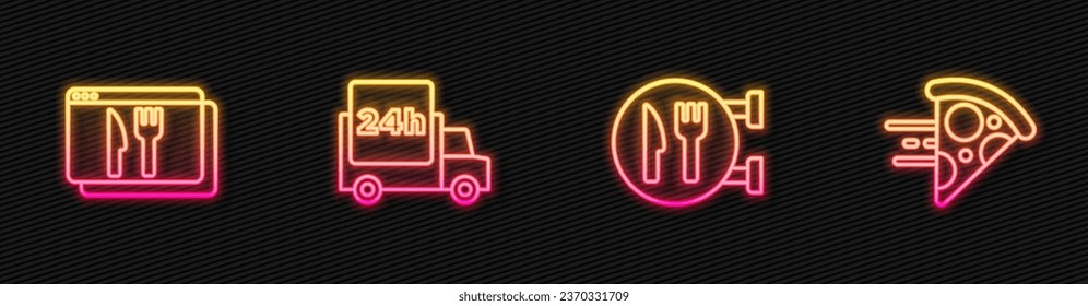 Set line Cafe and restaurant location, Online ordering delivery, Fast by car and pizza. Glowing neon icon. Vector