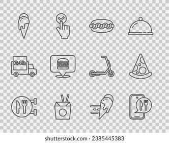 Set line Cafe and restaurant location, Online ordering delivery, Hotdog sandwich, Asian noodles chopsticks, Ice cream, burger, ice and Slice of pizza icon. Vector