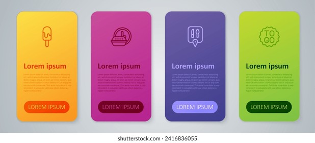 Set line Cafe and restaurant location, Coffee cup to go, Ice cream and Round the clock delivery. Business infographic template. Vector