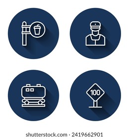 Set line Cafe and restaurant location, Train conductor, Oil railway cistern and Speed limit traffic sign 100 km with long shadow. Blue circle button. Vector