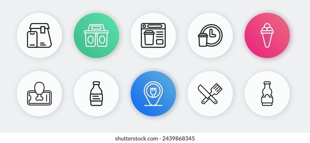 Set line Ubicación de cafetería y restaurante, Helado en gofre, Compras de alimentos móviles, Tenedor de cuchillo cruzado, Entrega las 24 horas, Comida en línea, Botella de salsa y Botella de agua icono. Vector