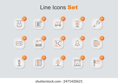 Set line Cafe and restaurant location, Ticket office to buy tickets, Road traffic sign, Passport, Train light, Online booking, station bell and Railway map icon. Vector
