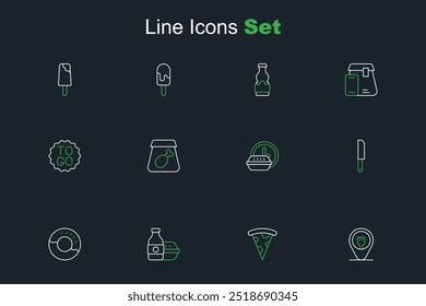Set line Cafe and restaurant location, Slice of pizza, Online ordering food, Donut, Knife, Round the clock delivery, meal and Coffee cup to go icon. Vector