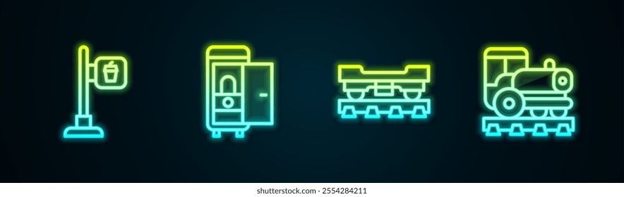 Set line Cafe and restaurant location, Toilet in the train car, Cargo wagon and Vintage locomotive. Glowing neon icon. Vector