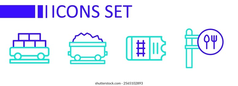 Set line Cafe and restaurant location, Train ticket, Coal train wagon and Cargo icon. Vector