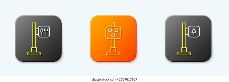 Set line Cafe and restaurant location, Train traffic light and Road signpost icon. Vector