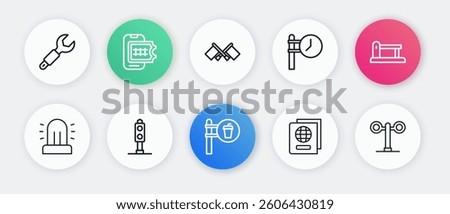 Set line Cafe and restaurant location, Railway barrier, Flasher siren, Passport, Train station clock, Flag, traffic light and  icon. Vector