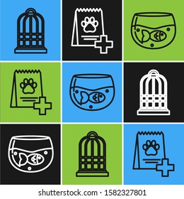 Set line Cage for birds, Aquarium with fish and Bag of food for dog icon. Vector