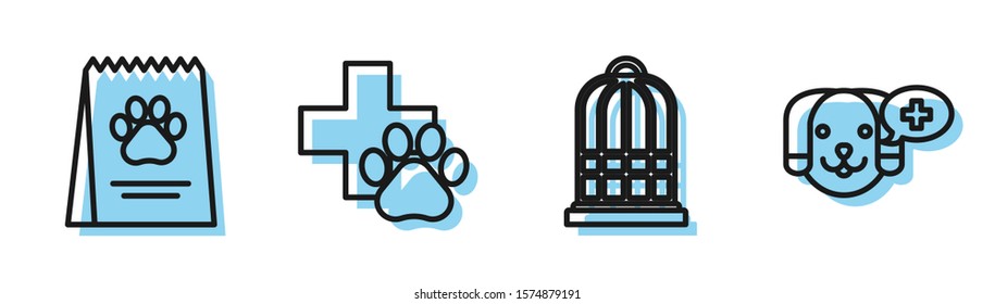 Set line Cage for birds, Bag of food for dog, Veterinary clinic symbol and Veterinary clinic symbol icon. Vector