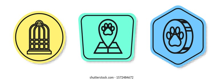 Set line Cage for birds, Map pointer with veterinary medicine hospital and Paw print. Colored shapes. Vector