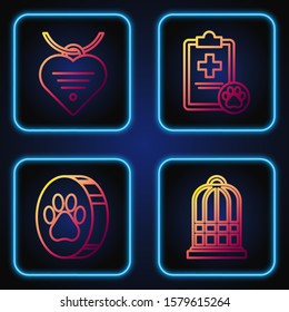 Set line Cage for birds, Paw print, Collar with name tag and heart and Clipboard with medical clinical record pet. Gradient color icons. Vector