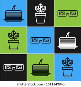 Set line Cake, 3D cinema glasses and Flowers in pot icon. Vector