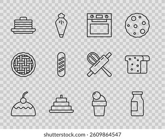 Set line Cake, Bottle with milk, Oven, burning candles, Stack of pancakes, French baguette bread, Ice cream and Bread toast icon. Vector