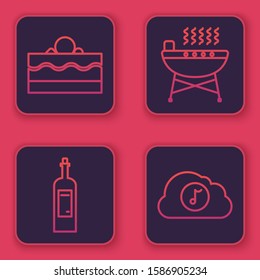 Set line Cake , Bottle of wine , Barbecue grill  and Music streaming service . Blue square button. Vector
