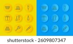 Set line Cake with burning candles, Gift box, Dart arrow, Firework rocket, Champagne bottle, Mixed punch bowl, Ice cream and  icon. Vector
